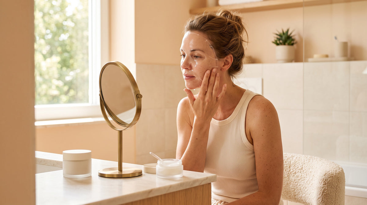 Vrouw voor de spiegel in een zonnige badkamer die een transparant hydrogel collageen masker aanbrengt voor een gehydrateerde huid