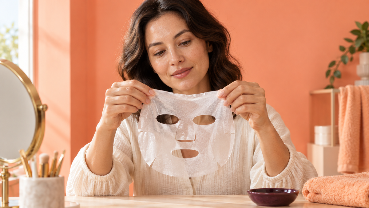 Vrouw bekijkt een gezichtsmasker bij een kaptafel met peachkleurige accenten.