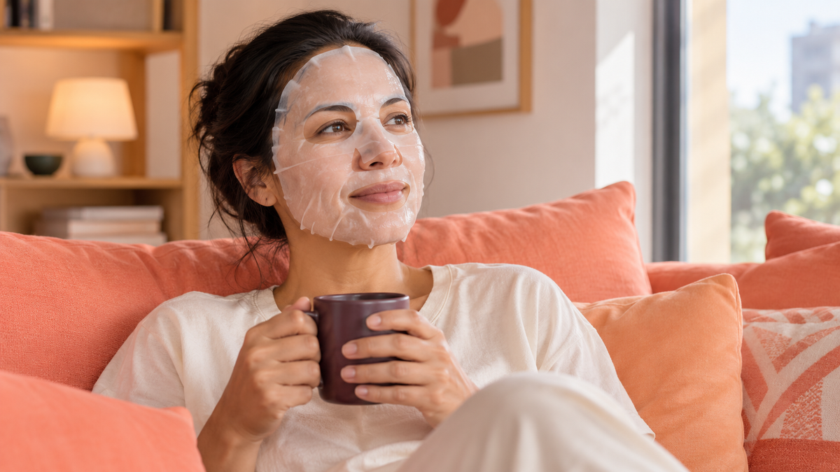 Vrouw met een gezichtsmasker en een kop thee op een peachkleurige bank.