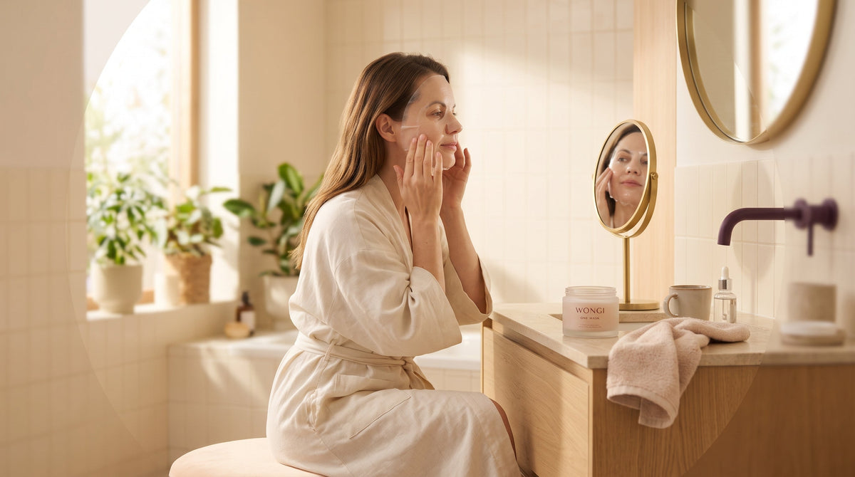 Vrouw brengt rustig een transparant hydrogel collageen masker aan voor de spiegel in een zonnige badkamer